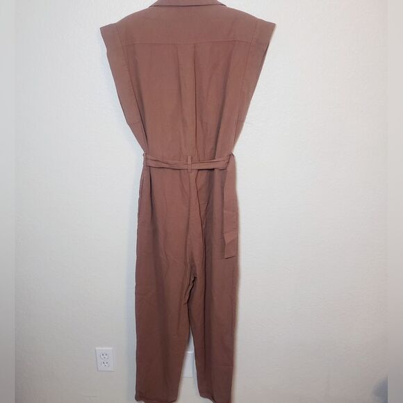 Vintage Style Linen Blend Brown Belted Jumpsuit - Picture 4 of 4